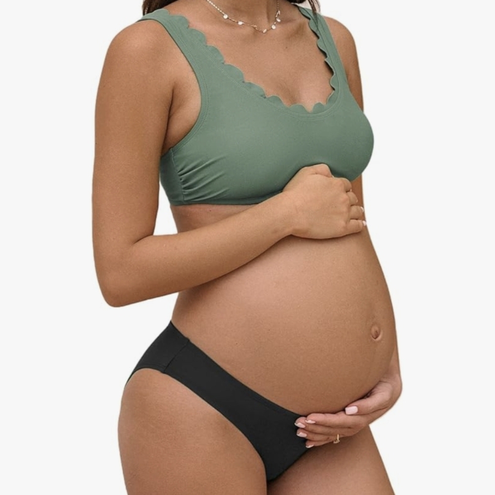 Green Scallop Trim Maternity Bikini Top